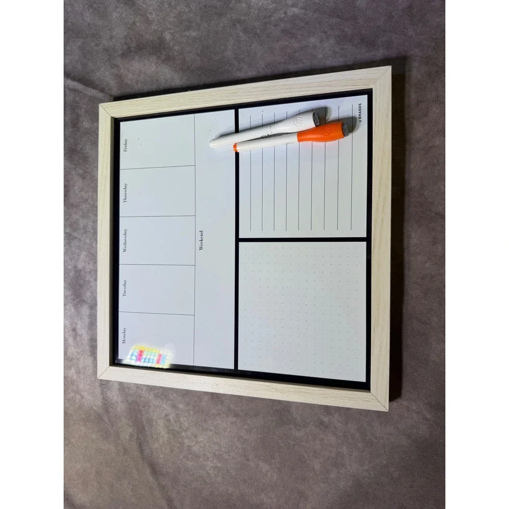 U Brands 14x14 Magnetic Dry Erase Weekly Planner Board Light Wood Frame White